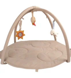 Filibabba Babylegetøj|Aktivitetsstativer>Aktivitetstæppe m. 3 Aktivitetslegetøj - Beige