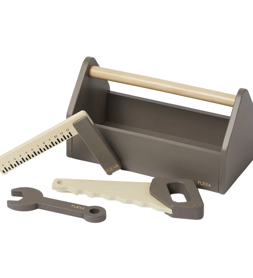 Flexa Udeleg Og Udendørs Legetøj|Rolleleg>Værktøjskasse - Træ - Play - 4 Dele - Dusty Brown/Birch Pl