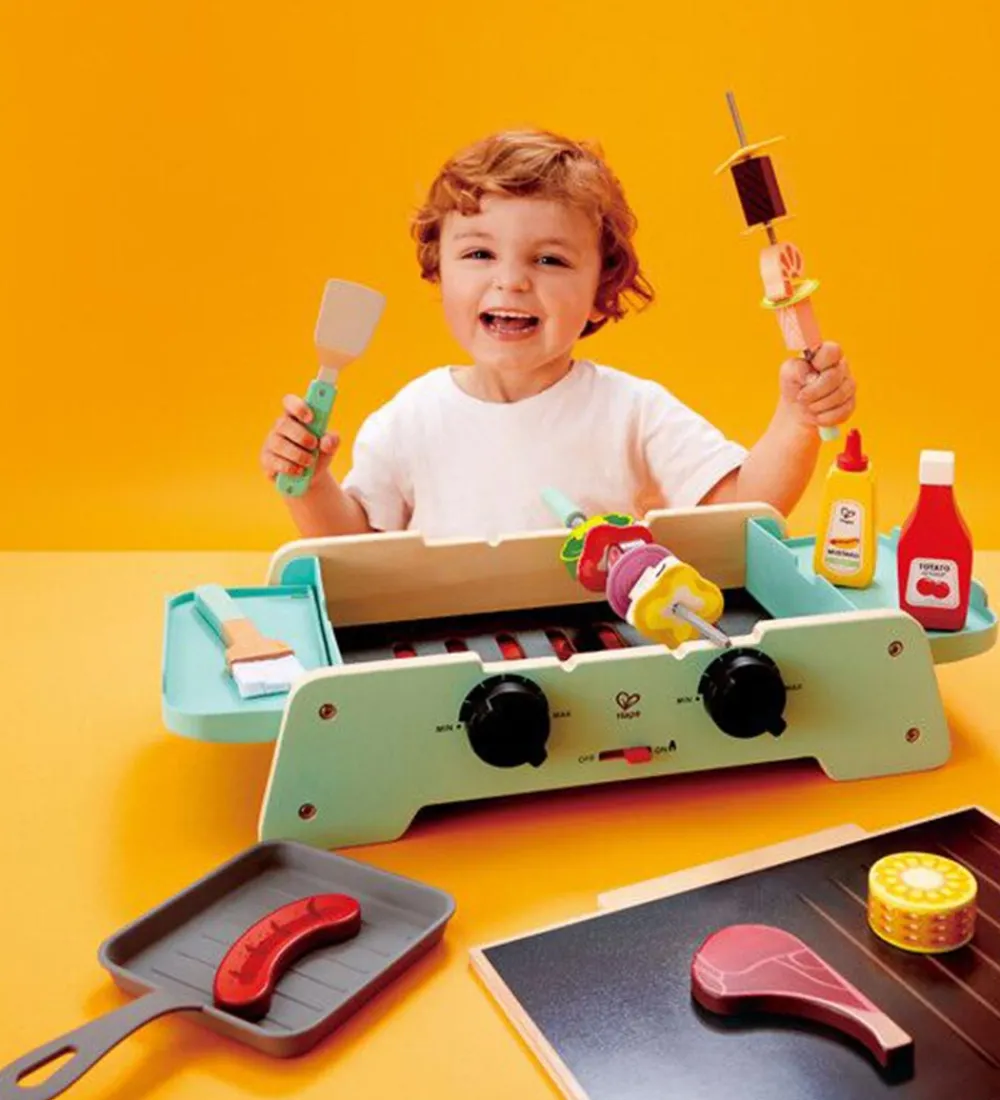 Hape Rolleleg|Trælegetøj>Legemad m. Lyd/Lys - Træ - Sizzling Griddle & Grill BBQ