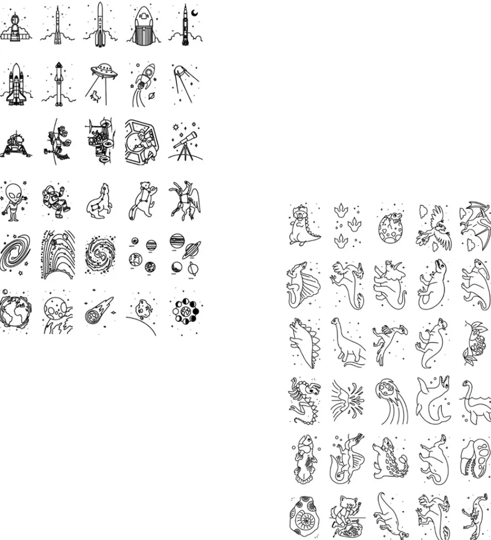 Kidywolf Kreativ Leg|Kreasæt>Refill Tegnemotiver - 60 motiver - Dinosaur/Galaxy