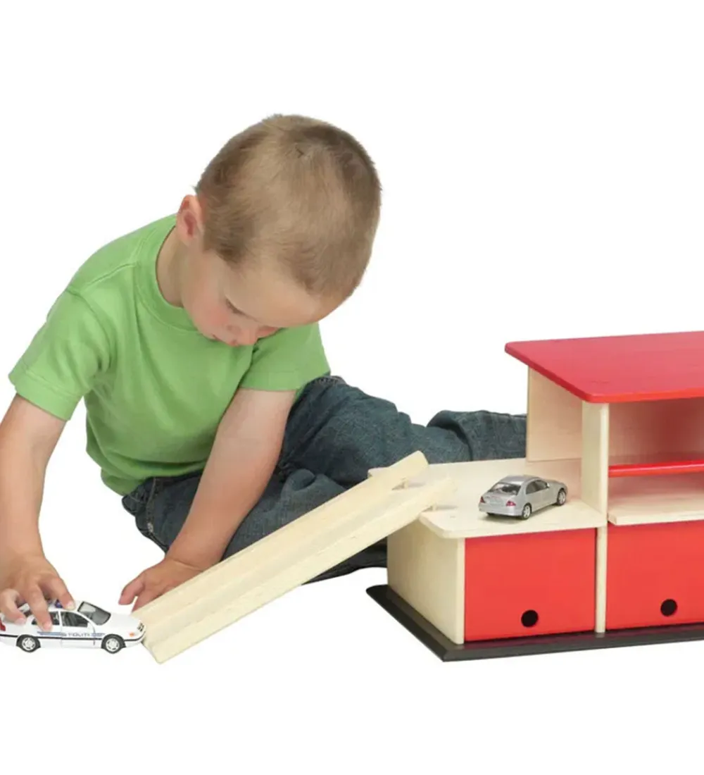 Krea Biler, Tog Og Køretøjer|Trælegetøj>Garage - Træ - 43x24 cm - Rød/Natur