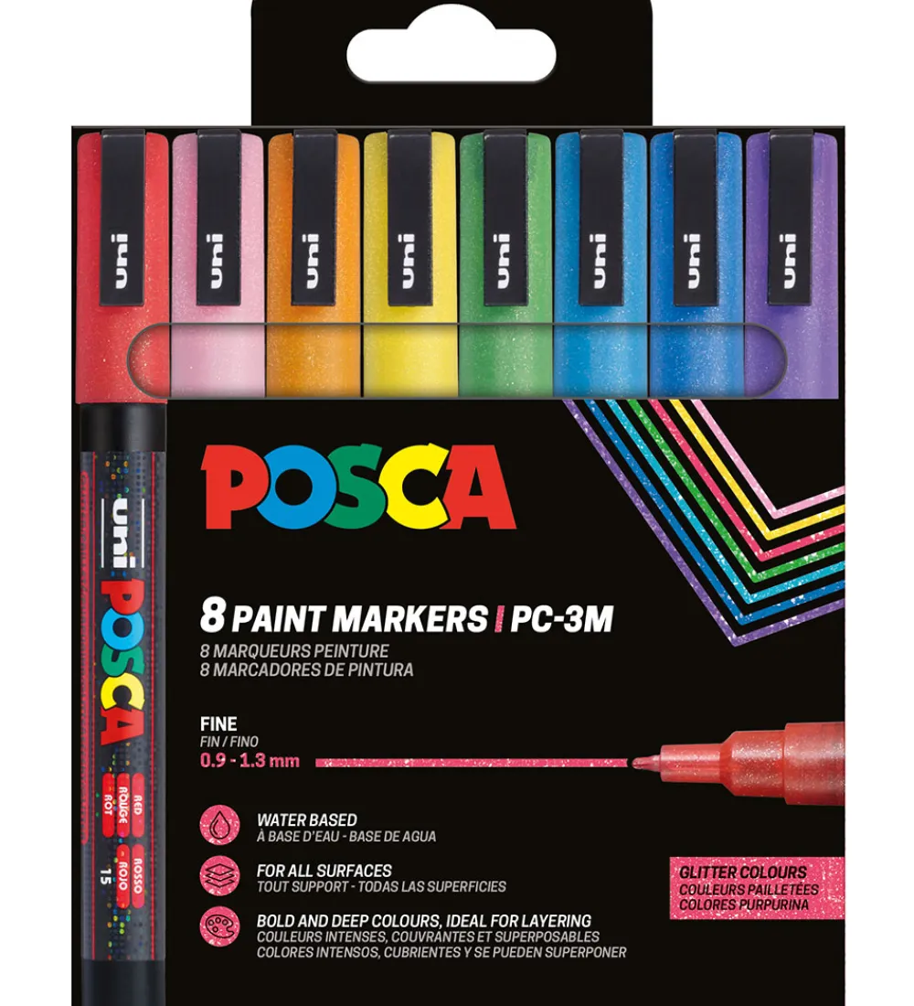 Posca Tuscher Og Farver|Kreativ Leg>Tuscher - PC-3M - 8 stk. - Multifarvet m. Glimmer