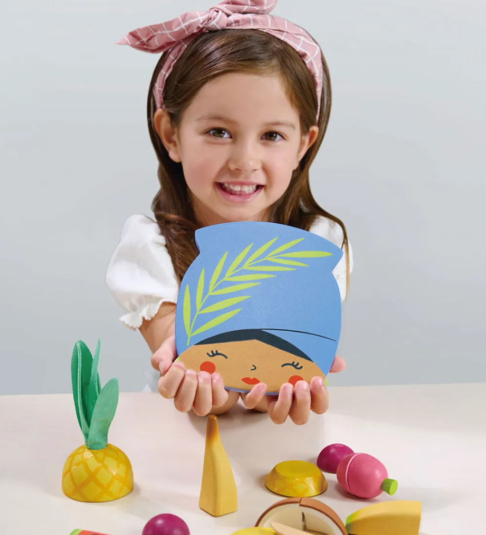 Tender Leaf Trælegetøj>Trælegetøj - Skærebræt med Tropisk Frugt - 16 Dele